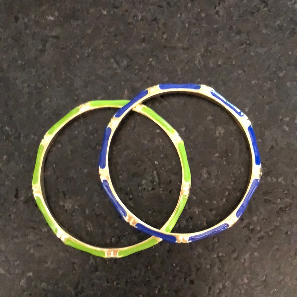 Blue & green “bamboo” gold tone/enamel bangles 🎋